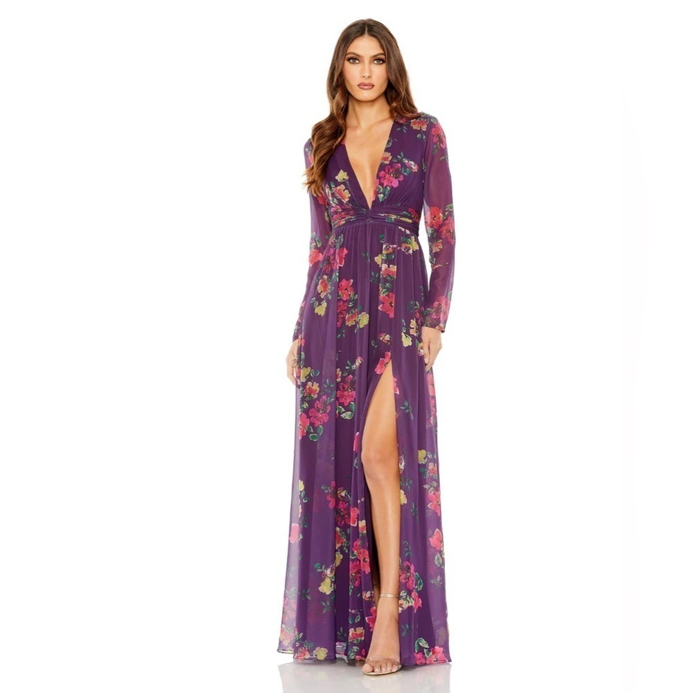 Mac Duggal 68558 NWT LONG SLEEVE RUCHED TOP DEEP V-NECKLINE GOWN